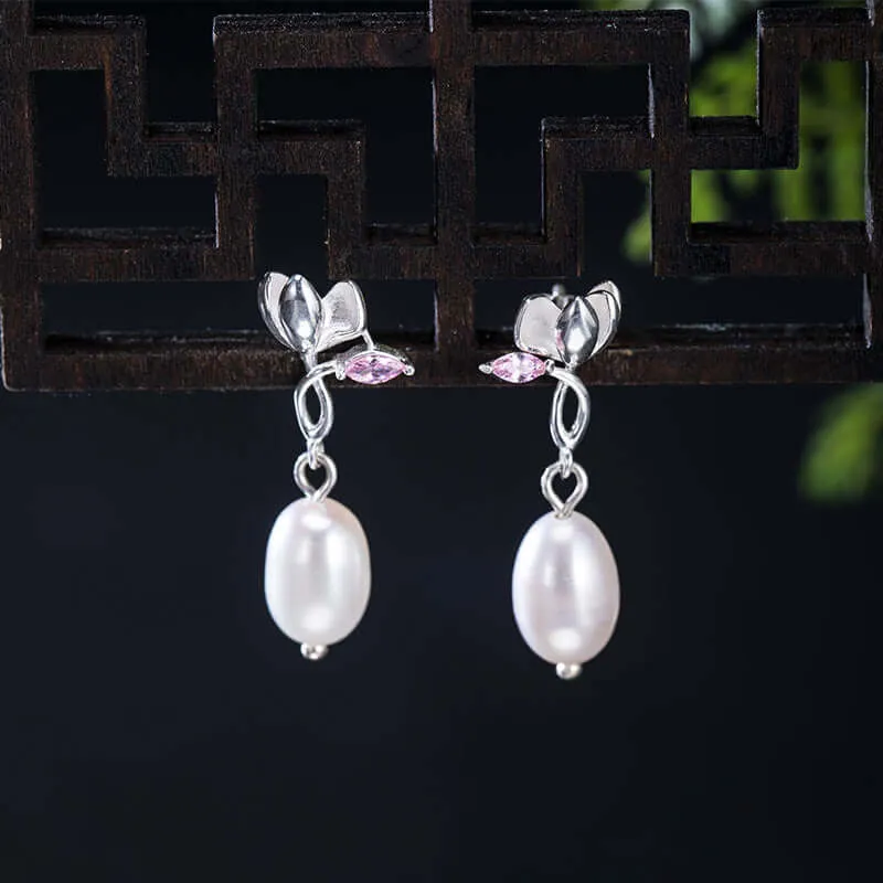 925 Silver Magnolia Flower CZ Diamond Earrings