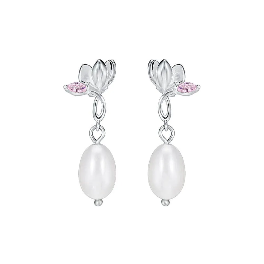 925 Silver Magnolia Flower CZ Diamond Earrings