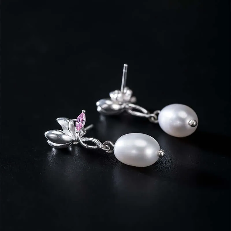 925 Silver Magnolia Flower CZ Diamond Earrings