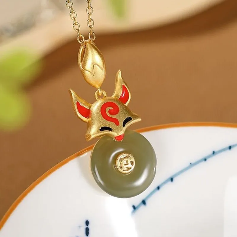 Ancient Gold Craft Enamel Natural Hotan Jasper Pendant