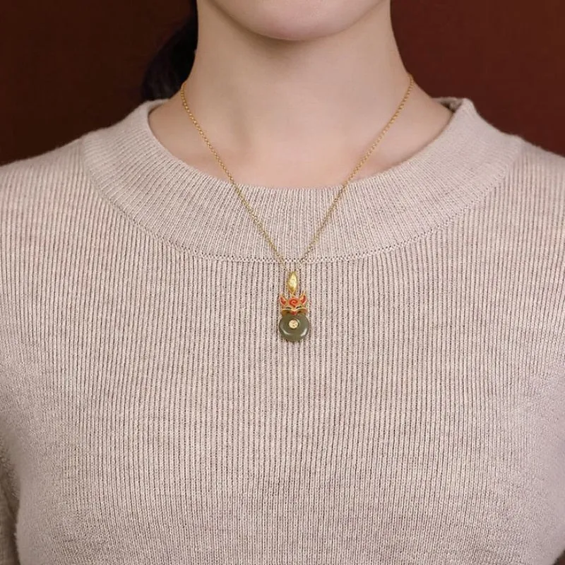 Ancient Gold Craft Enamel Natural Hotan Jasper Pendant
