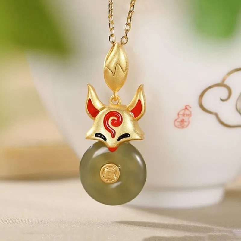 Ancient Gold Craft Enamel Natural Hotan Jasper Pendant