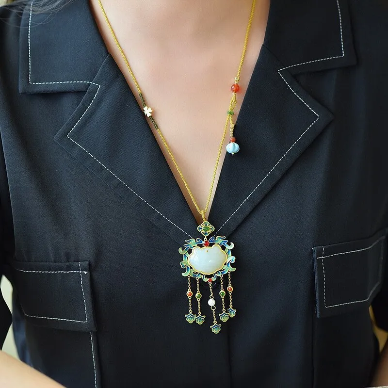 Ancient gold craft natural Hetian jade enamel porcelain tassel necklace pendant