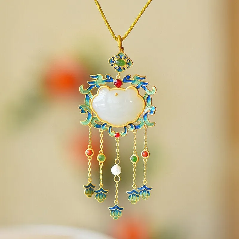Ancient gold craft natural Hetian jade enamel porcelain tassel necklace pendant