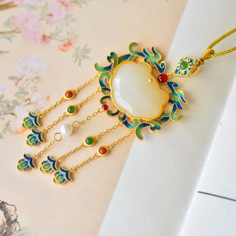 Ancient gold craft natural Hetian jade enamel porcelain tassel necklace pendant