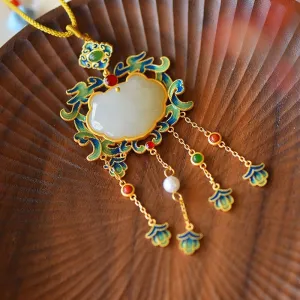 Ancient gold craft natural Hetian jade enamel porcelain tassel necklace pendant