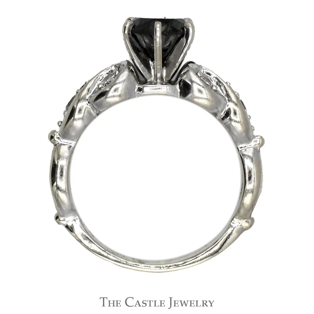 Black Diamond Solitaire Engagement Ring with Round Diamond Accents in 10k White Gold Twisted Mounting