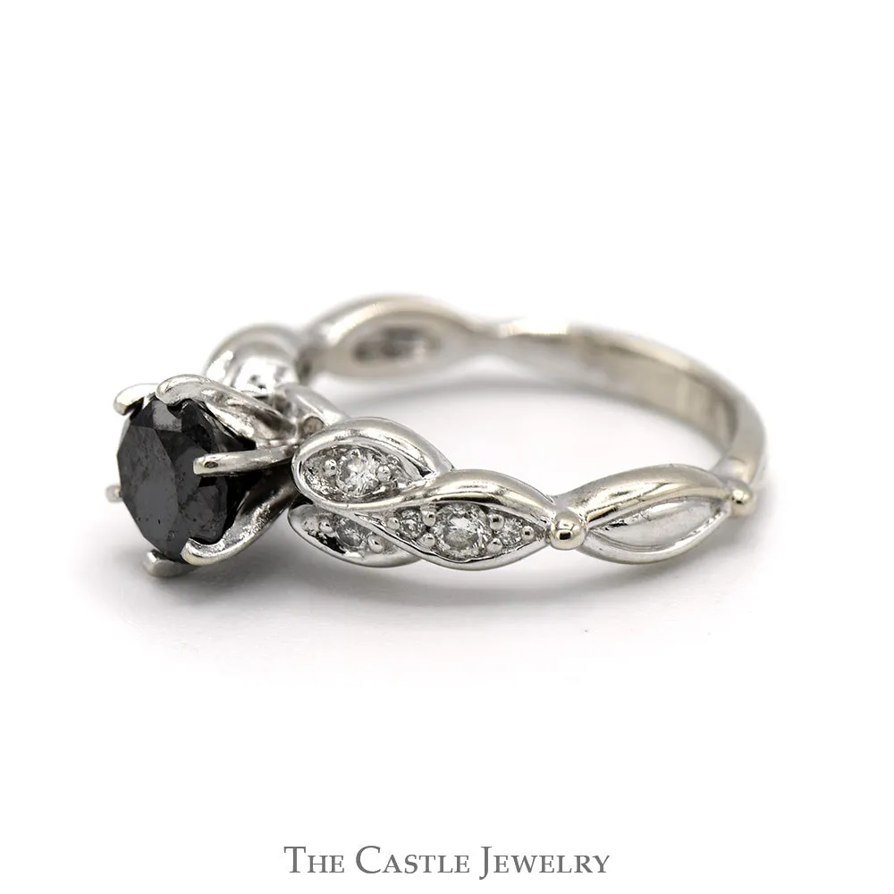 Black Diamond Solitaire Engagement Ring with Round Diamond Accents in 10k White Gold Twisted Mounting