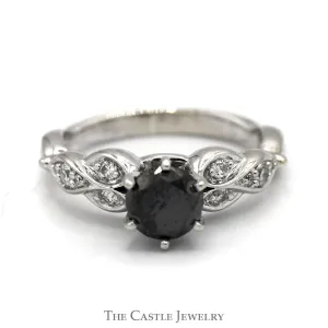 Black Diamond Solitaire Engagement Ring with Round Diamond Accents in 10k White Gold Twisted Mounting