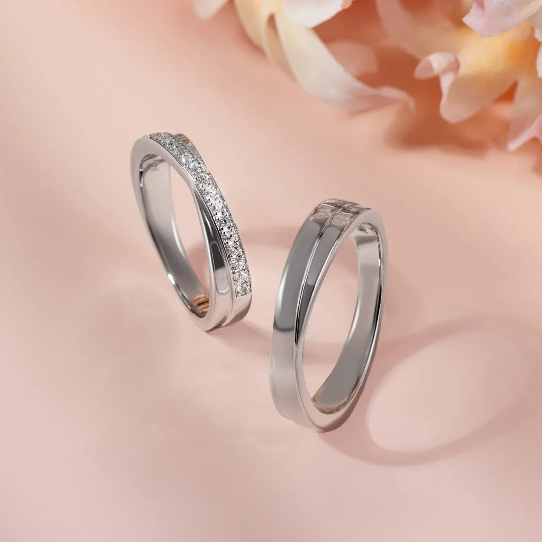 Couple Rings: Silver rhodium plated with 1.2 mm CZ criss cross band ring