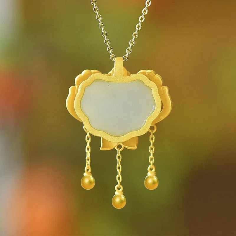 Creative design Ancient gold craft inlaid with natural Hetian jade necklace