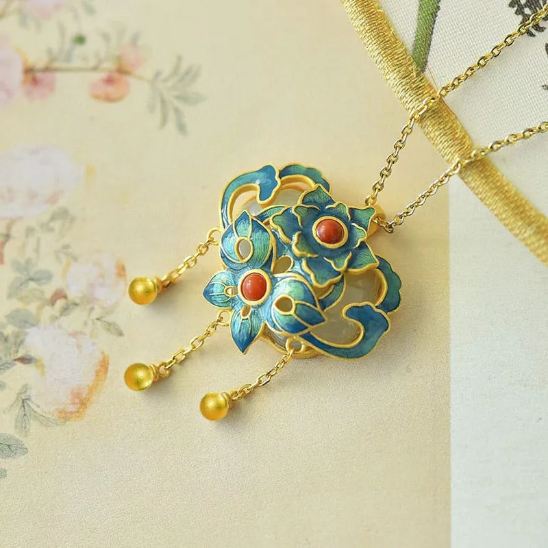Creative design Ancient gold craft inlaid with natural Hetian jade necklace
