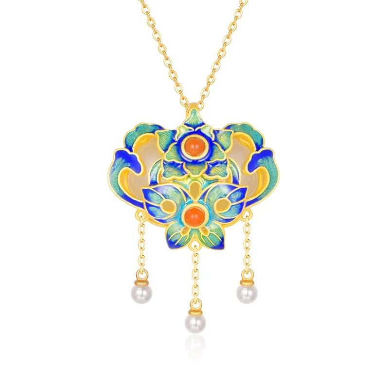 Creative design Ancient gold craft inlaid with natural Hetian jade necklace