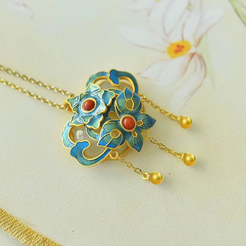 Creative design Ancient gold craft inlaid with natural Hetian jade necklace
