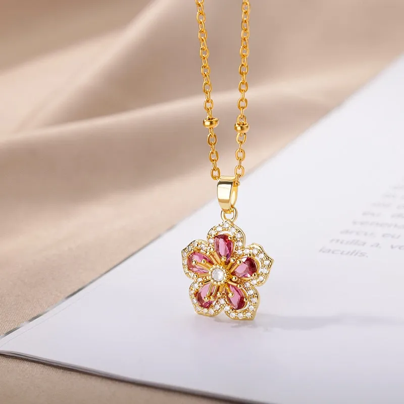 Cubic Zirconia Crystal Flower Necklaces For Women