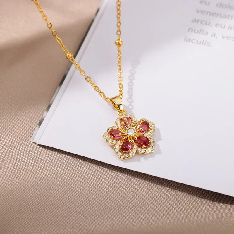Cubic Zirconia Crystal Flower Necklaces For Women