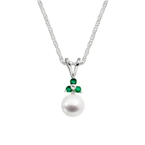 Cultered Pearl and Three Stone Emerald Pendant