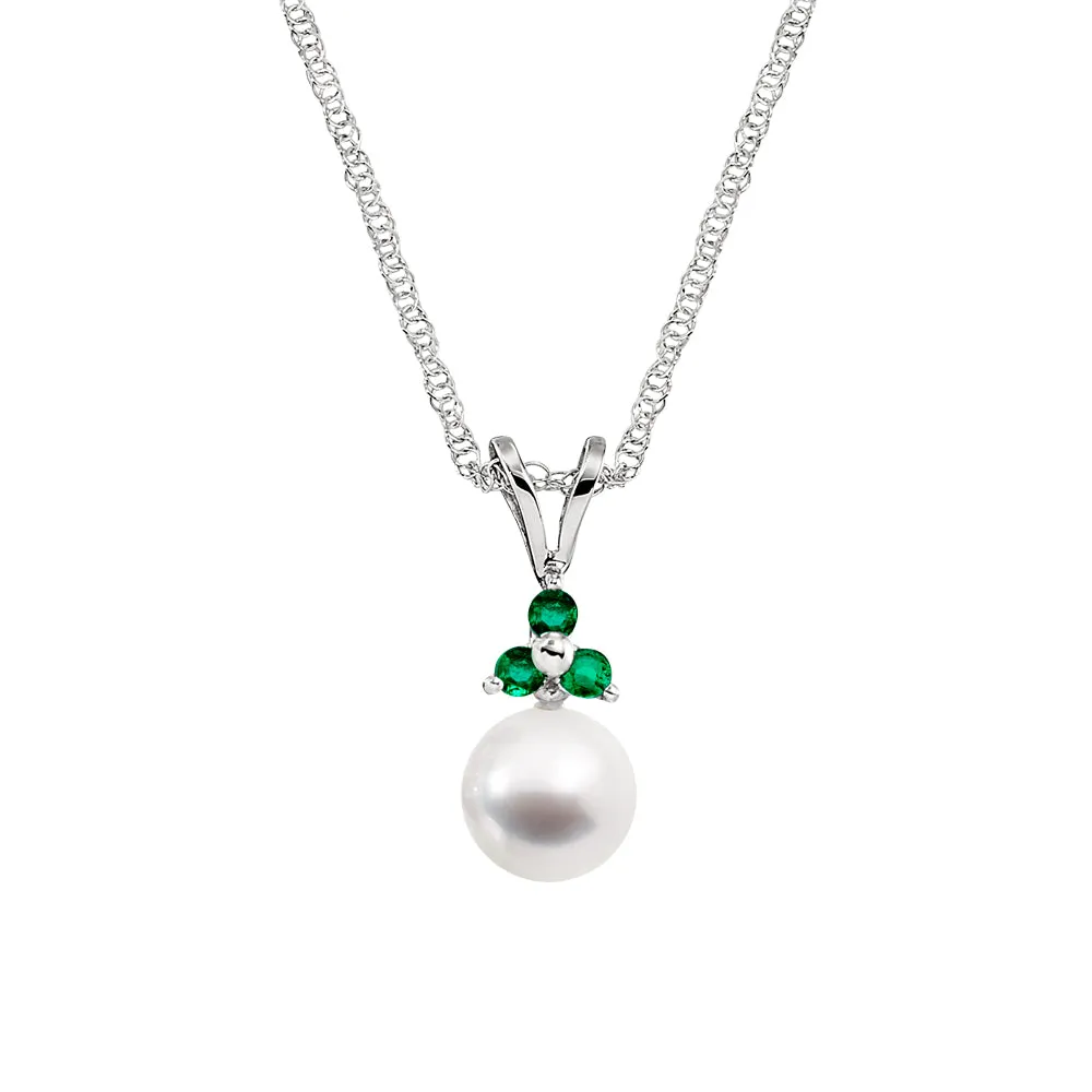 Cultered Pearl and Three Stone Emerald Pendant