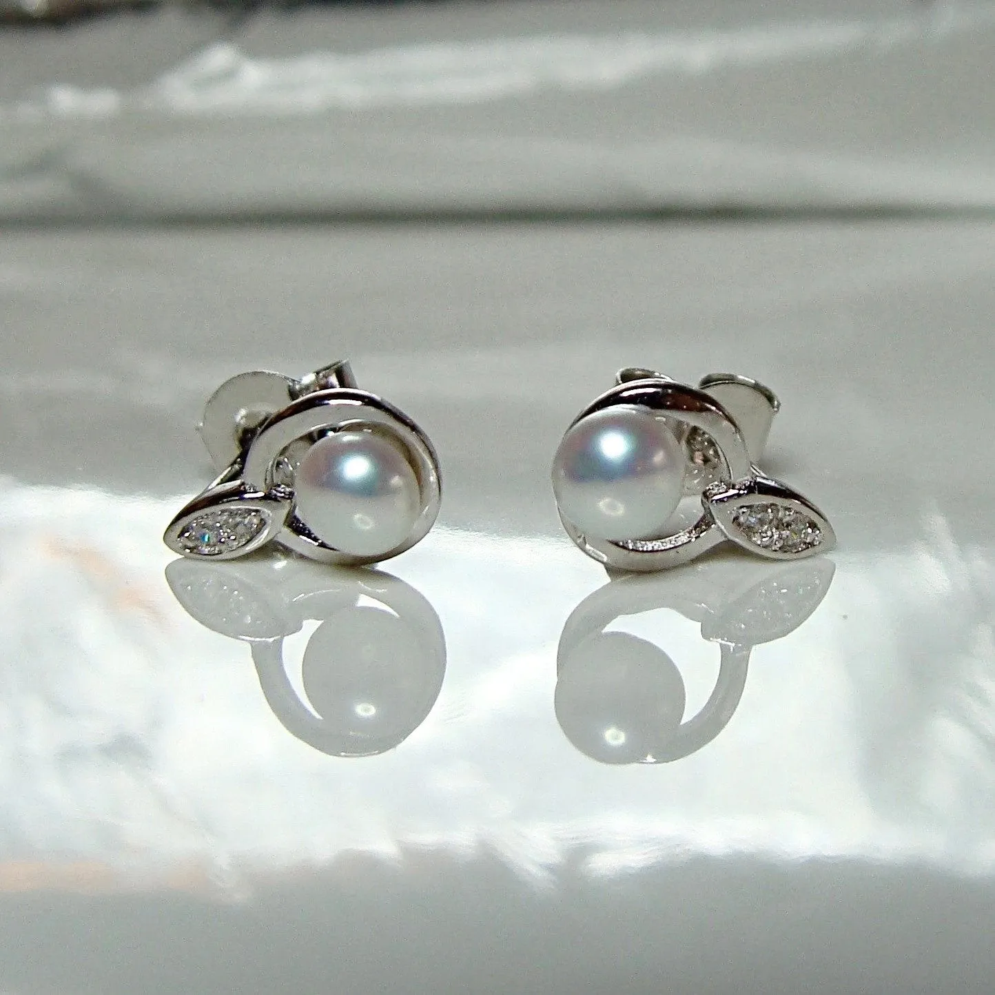 Cultured Freshwater Petite Pearl  Studs with CZ Sterling Silver
