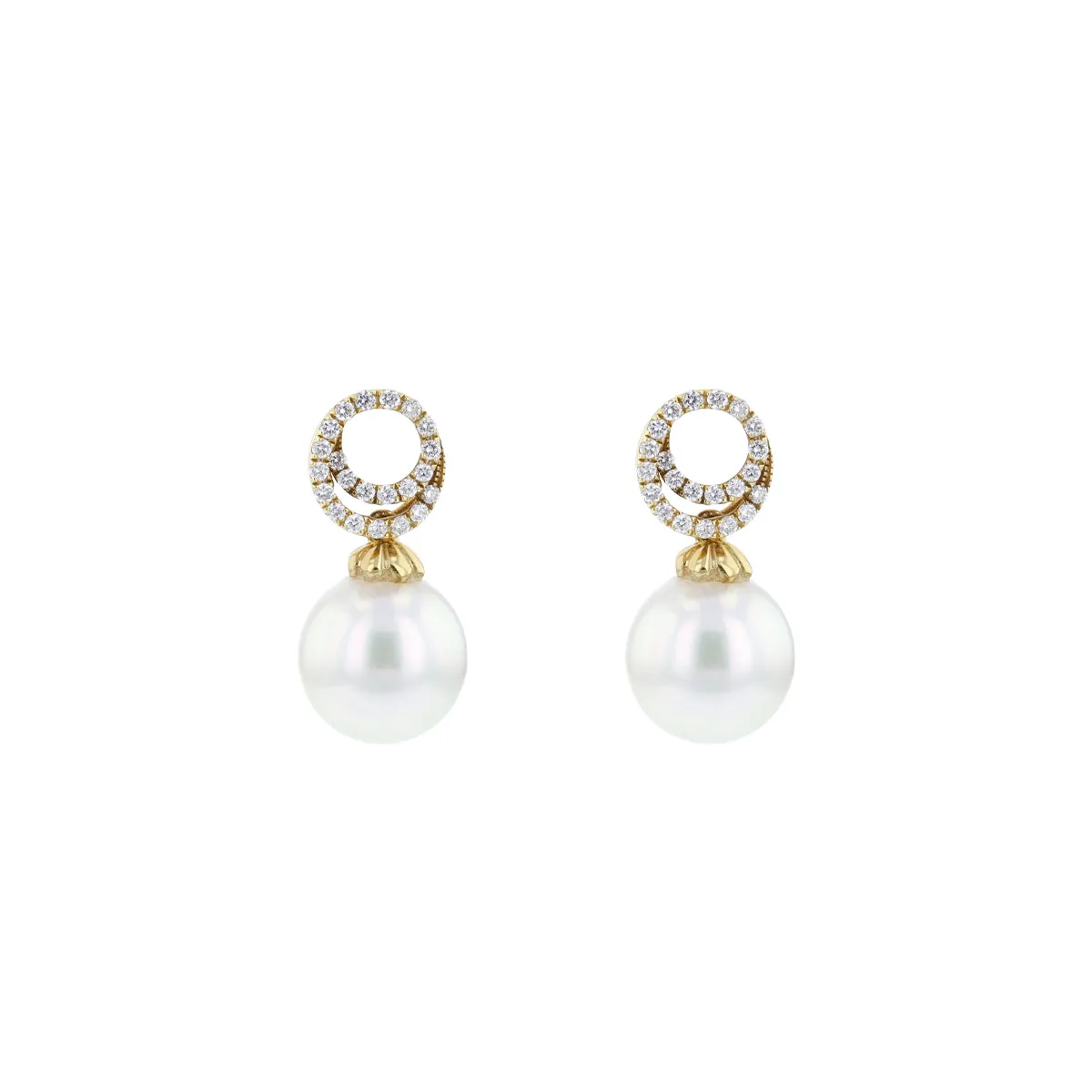 Cultured Pearl & Diamond Swirl Drop Earrings | 18K Yellow Gold