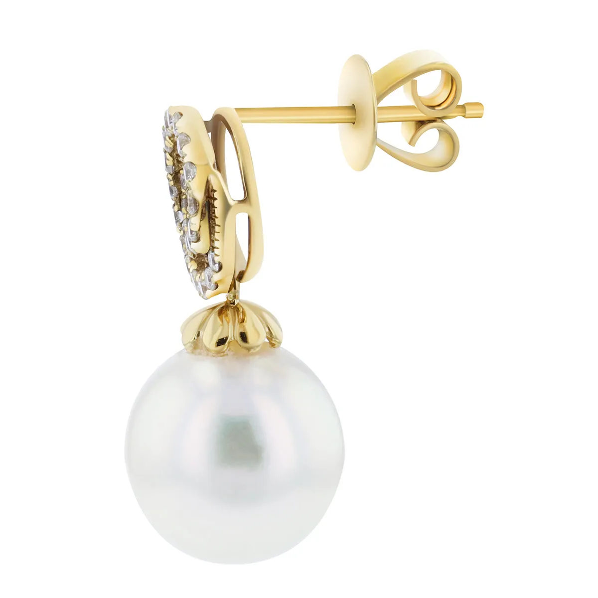Cultured Pearl & Diamond Swirl Drop Earrings | 18K Yellow Gold
