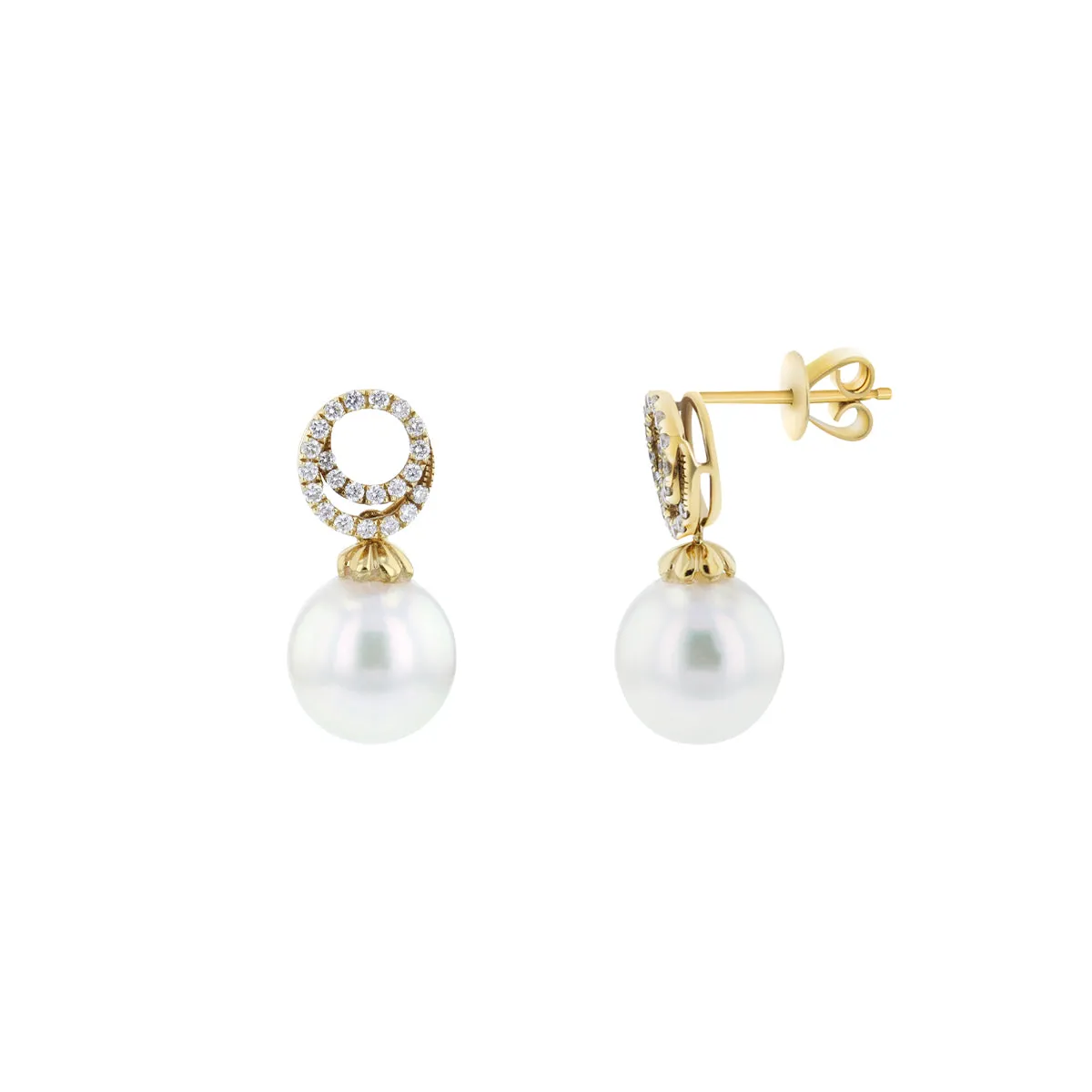 Cultured Pearl & Diamond Swirl Drop Earrings | 18K Yellow Gold