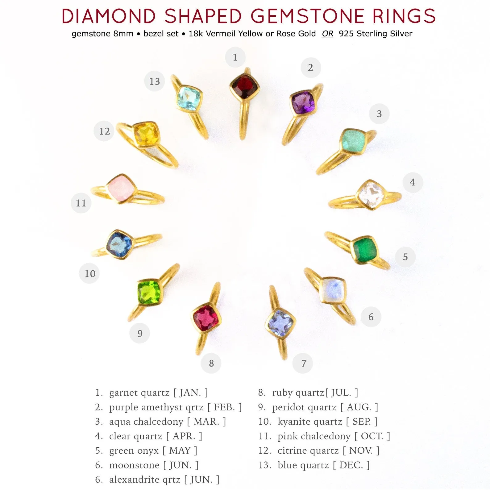 Diamond Shaped Cushion Cut Birthstone Ring Set