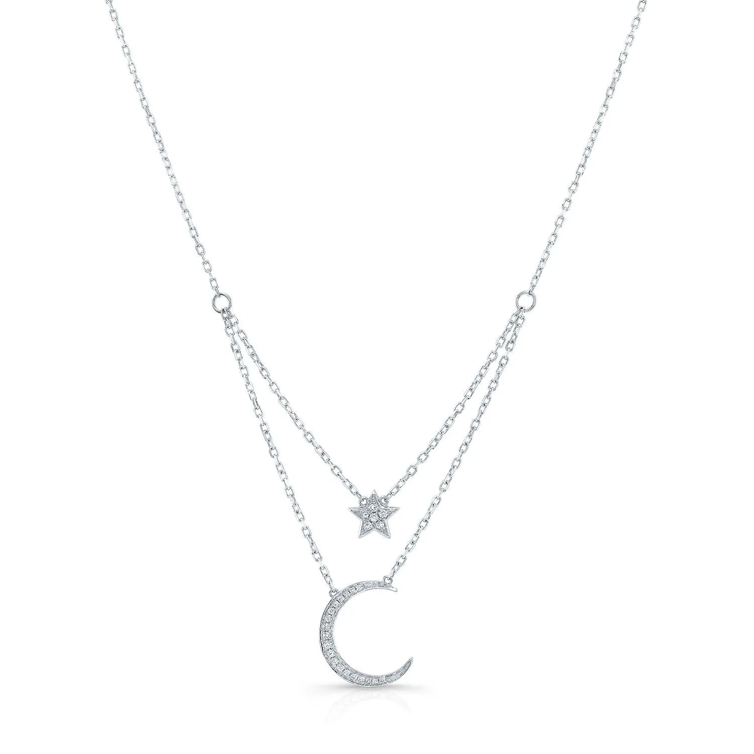 Diamond Star And Moon Layered Necklace In 14k White Gold, 16-18 Inch Adj Chain