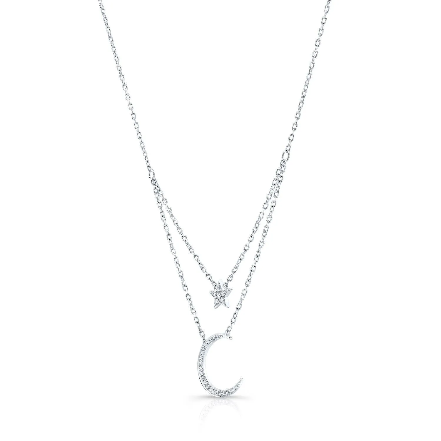 Diamond Star And Moon Layered Necklace In 14k White Gold, 16-18 Inch Adj Chain