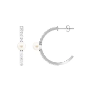 Elegant Freshwater Pearl Half Hoop Earrings with Diamond