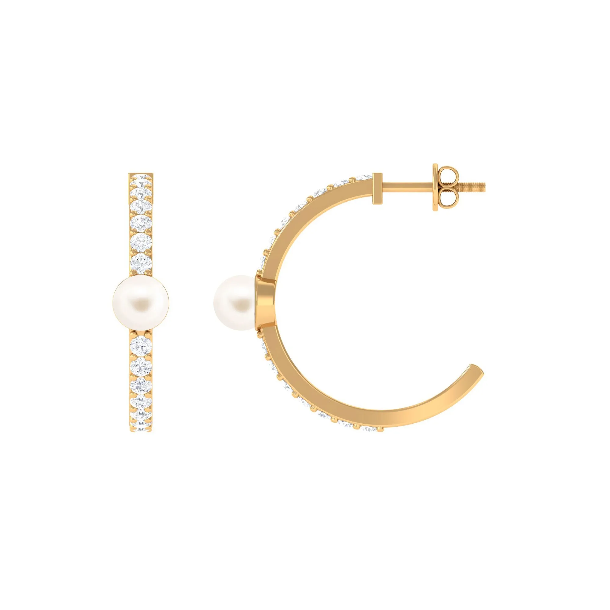 Elegant Freshwater Pearl Half Hoop Earrings with Diamond
