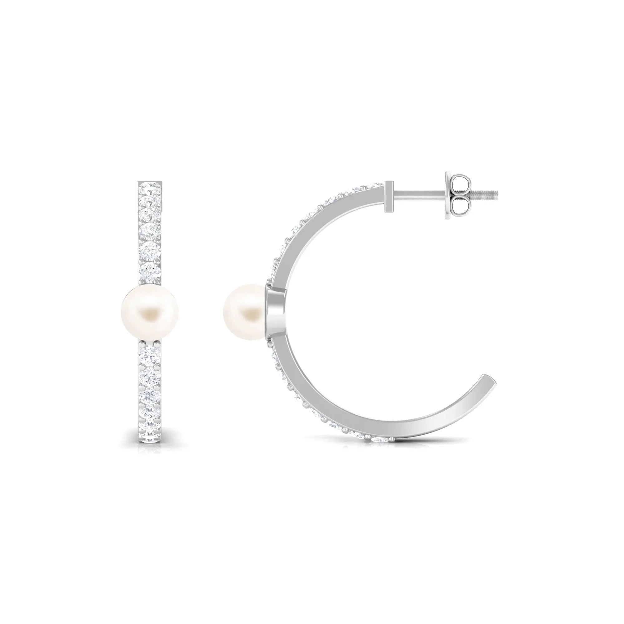 Elegant Freshwater Pearl Half Hoop Earrings with Diamond