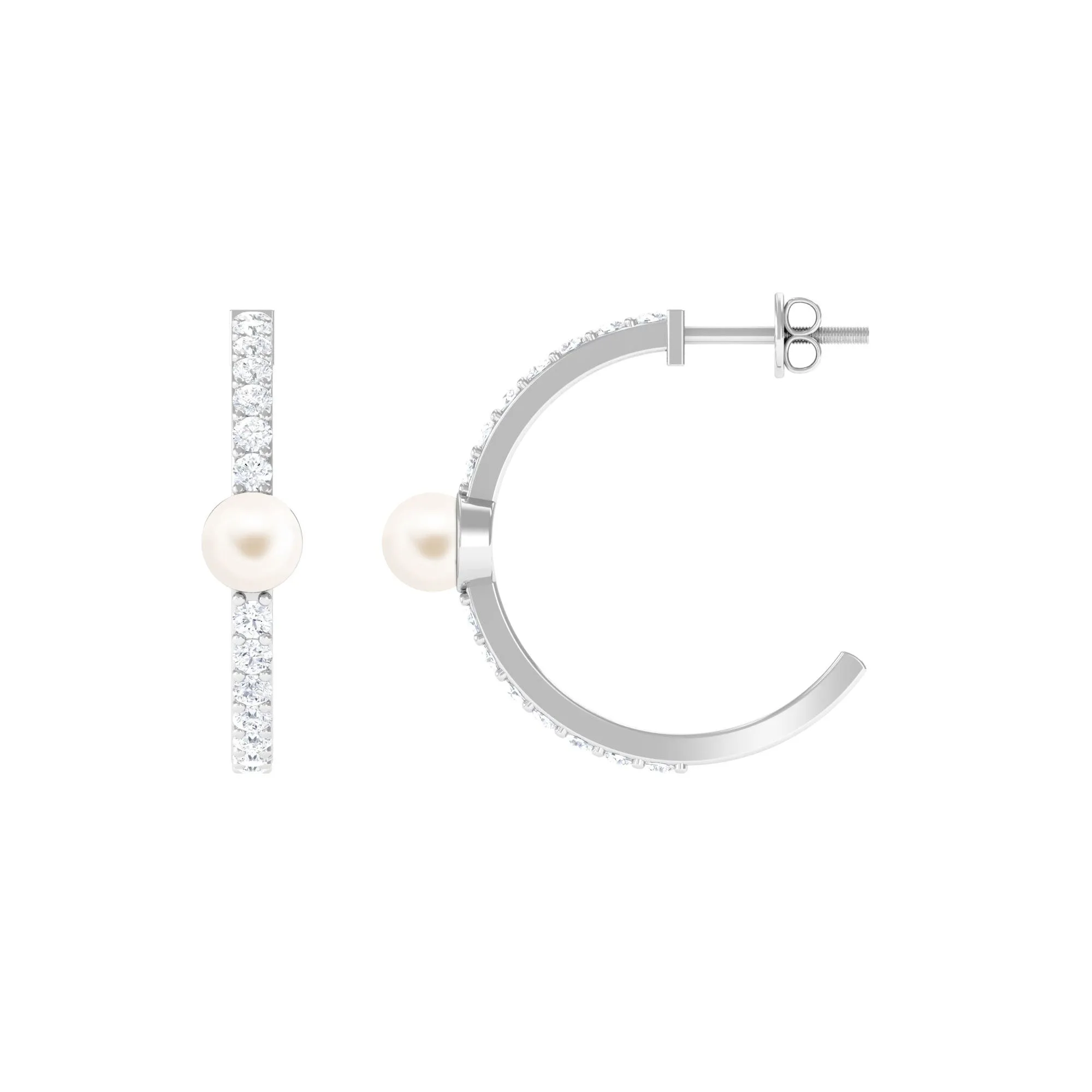 Elegant Freshwater Pearl Half Hoop Earrings with Diamond