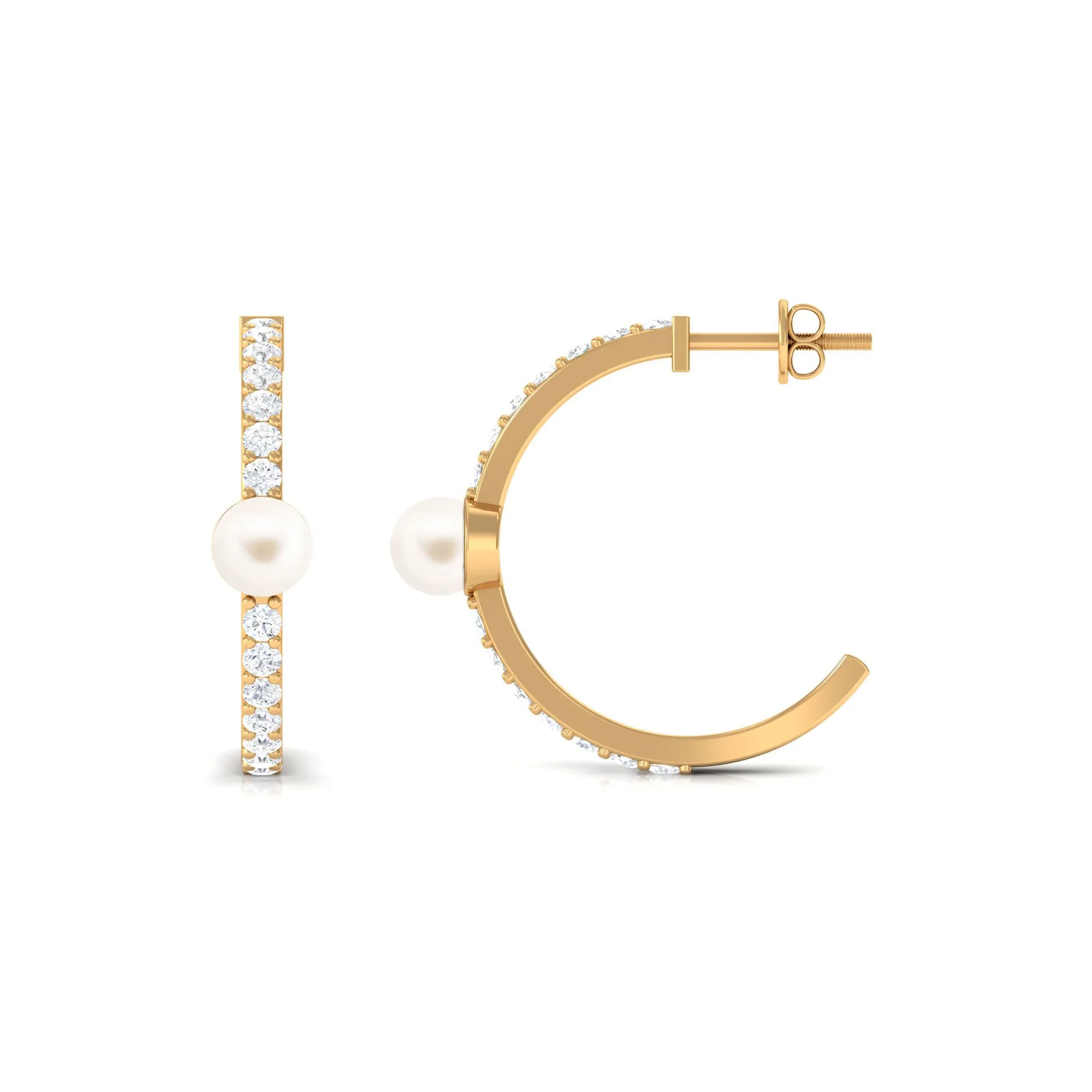 Elegant Freshwater Pearl Half Hoop Earrings with Diamond