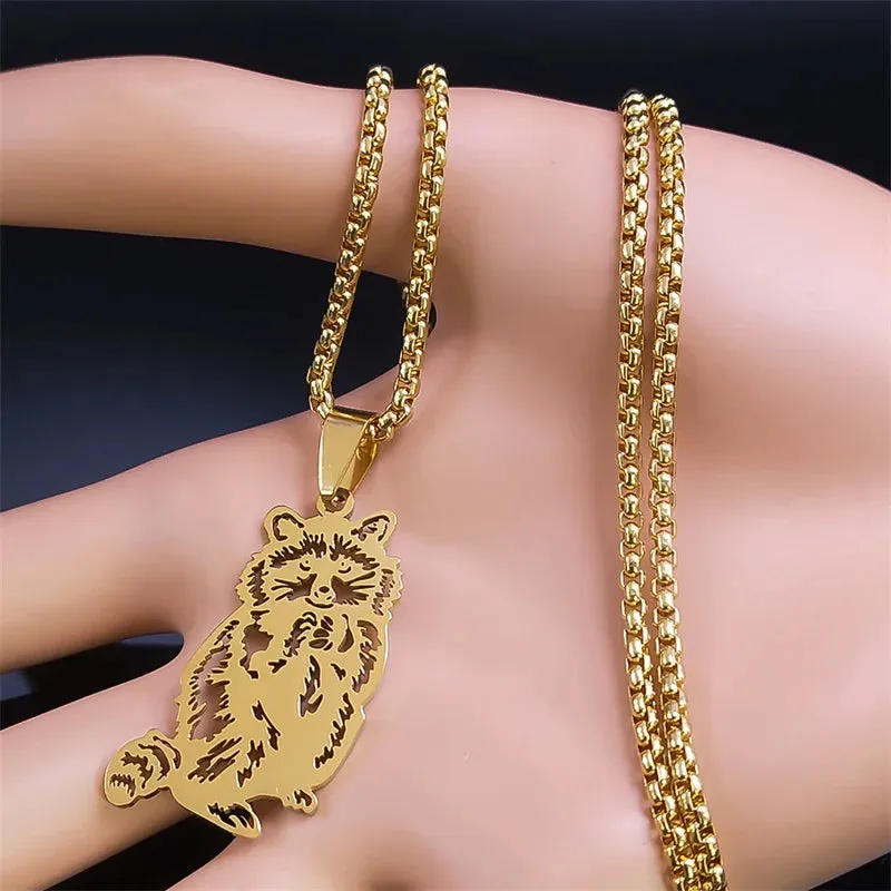Fashion Raccoon Pendant Necklace for Women/Men Gold Color Stainless Steel Animal Chain Necklaces
