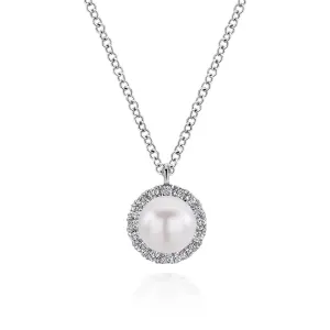 Gabriel & Co. Round Cultured Pearl and Diamond Halo Pendant Necklace