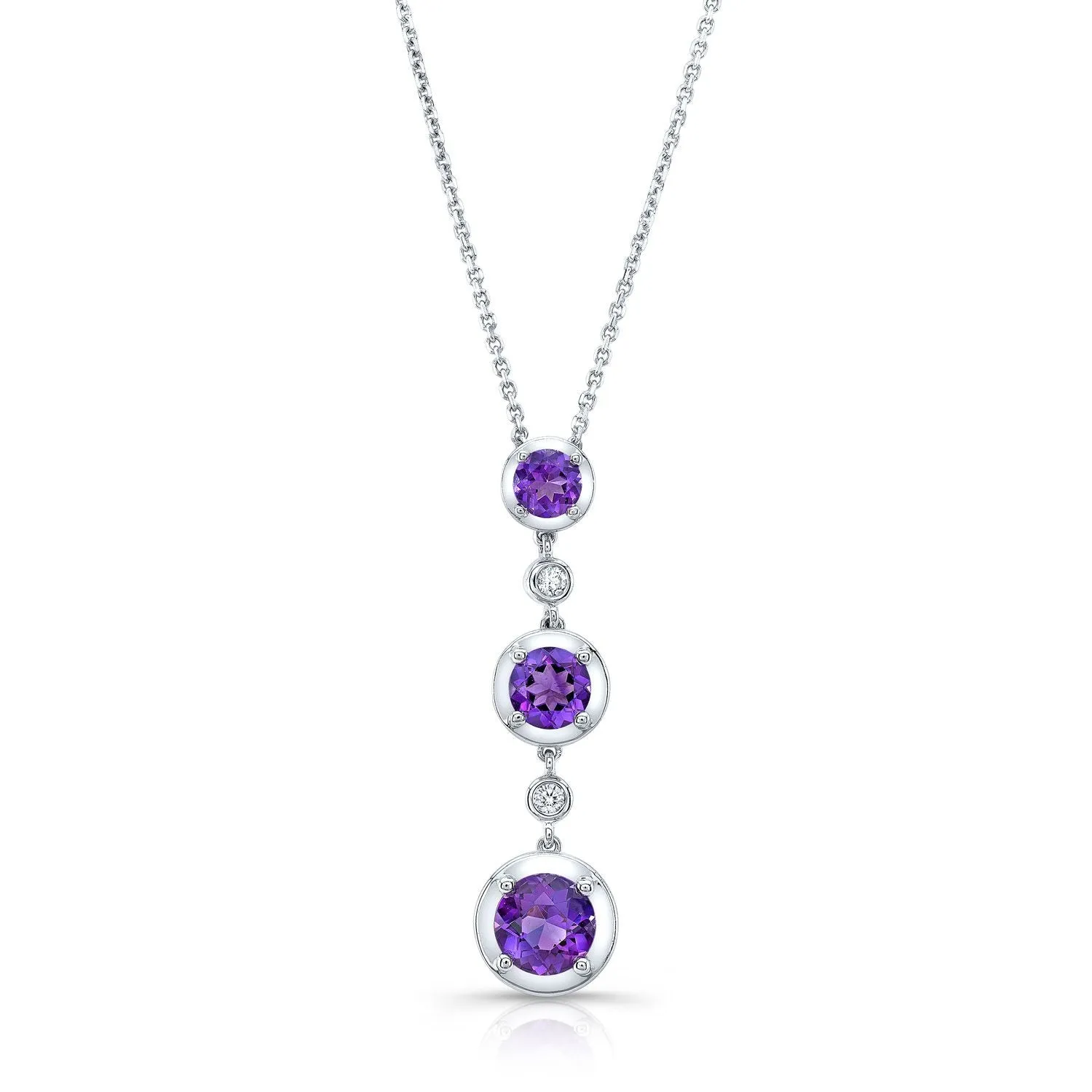 Graduated Amethyst And Diamond Drop Pendant In 14k White Gold