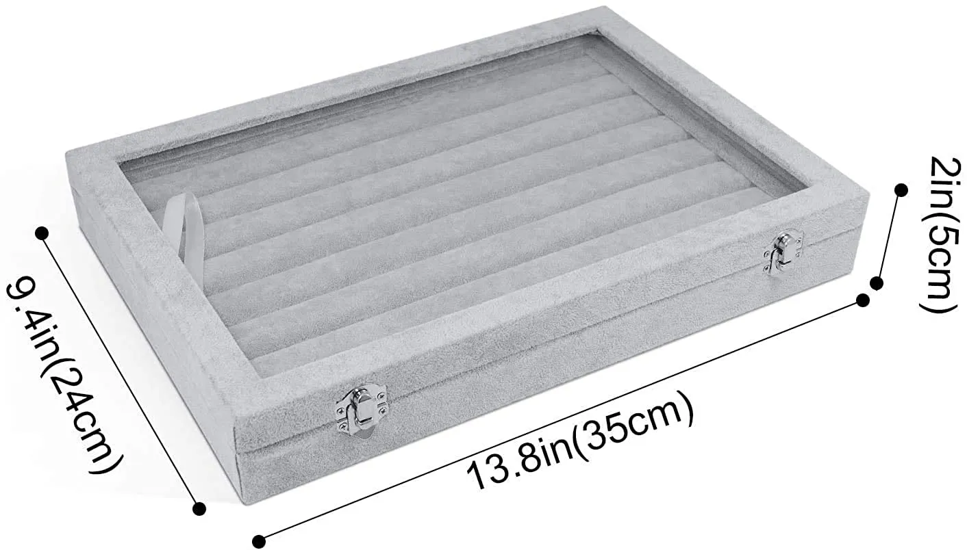 KriShyam® Fabric Glass Jewelry Ring Display Box Tray Holder Storage Box Organizer Display Storage Showcase Holder Organizer, Fabric Glass Tray Holder Storage Box Organizer (Grey)