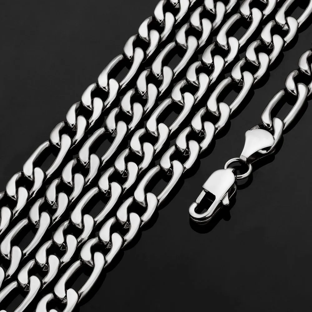KRKC 7mm Stainless Steel Figaro Chain in White Gold