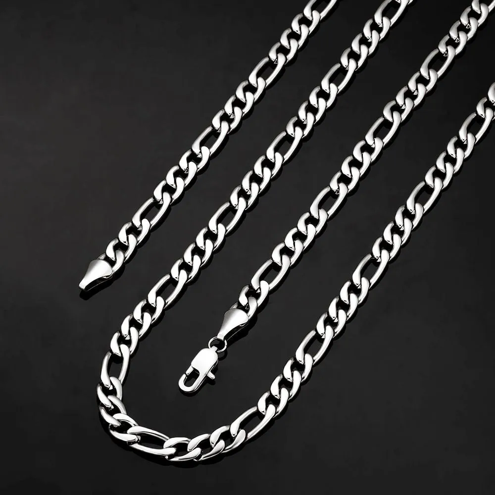 KRKC 7mm Stainless Steel Figaro Chain in White Gold