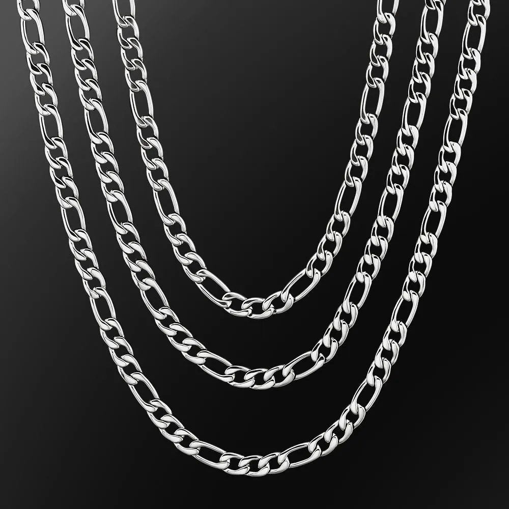 KRKC 7mm Stainless Steel Figaro Chain in White Gold