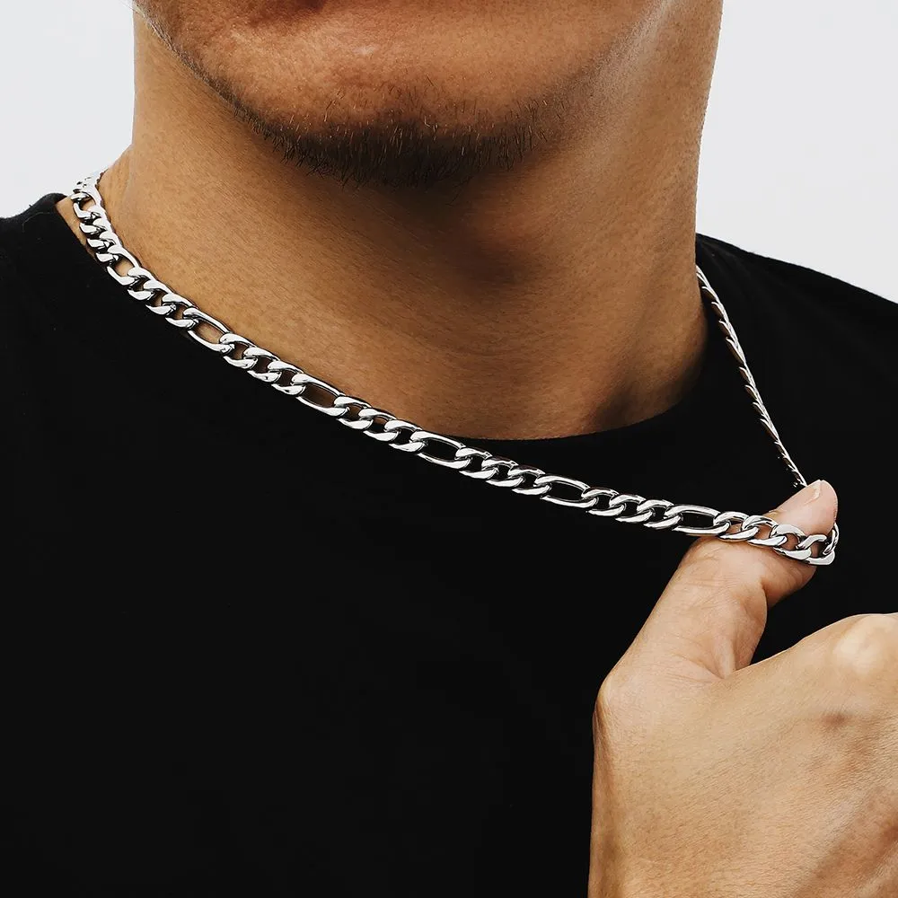 KRKC 7mm Stainless Steel Figaro Chain in White Gold