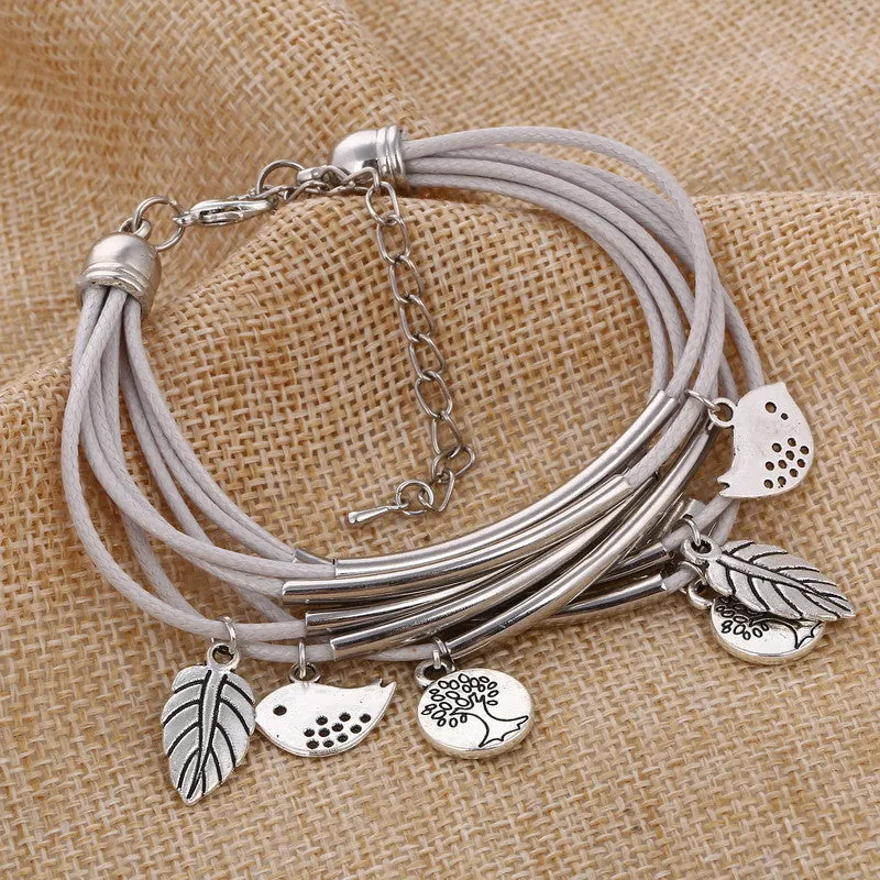 Luxury Multilayer Bracelet Leaves Pendant Silver Wedding Jewelry
