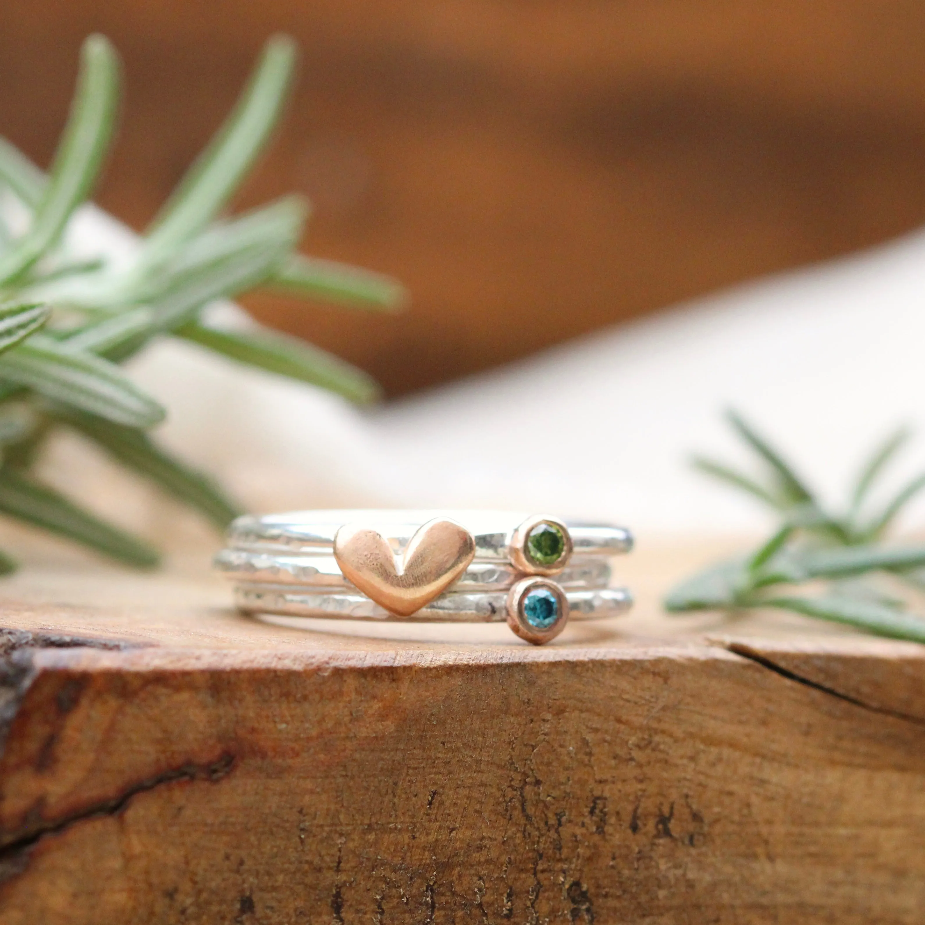 Mixed metal Color Diamond and 14k gold heart sterling silver stacking rings