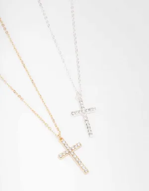 Mixed Metals Diamante Cross Necklaces 2-Pack