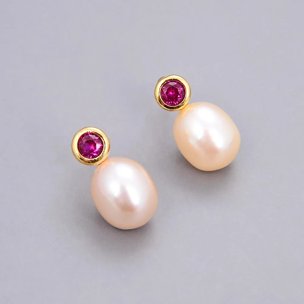Natural freshwater Pearl Pink CZ Drop Earrings