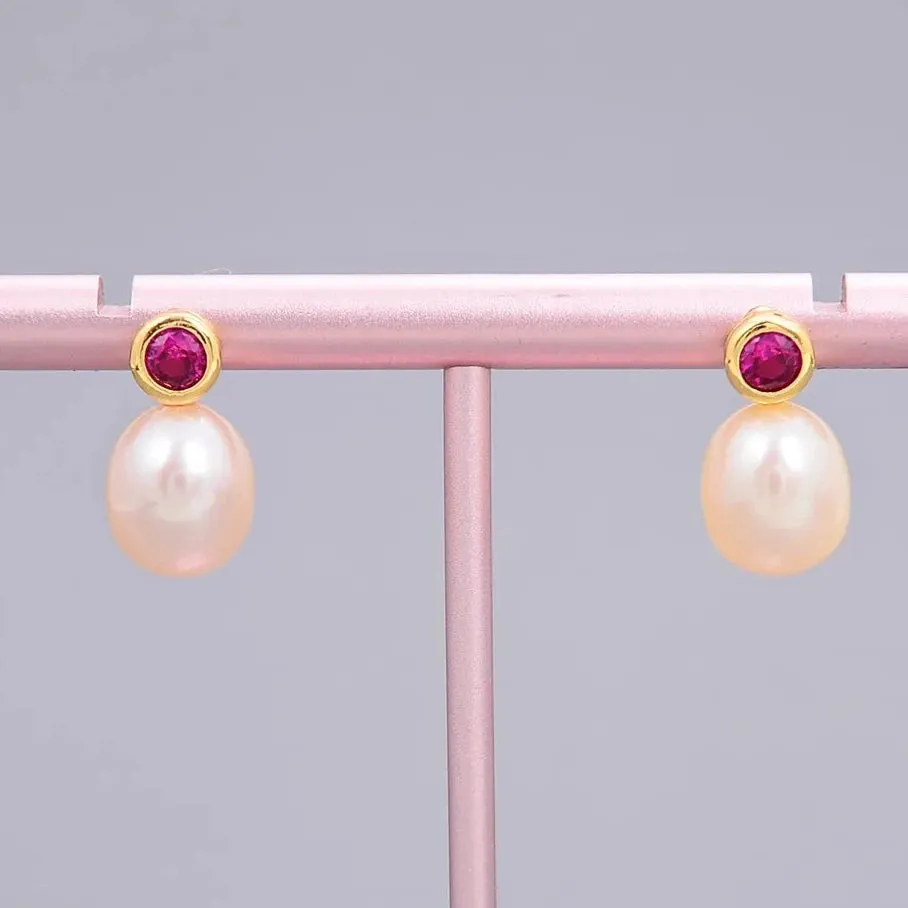 Natural freshwater Pearl Pink CZ Drop Earrings