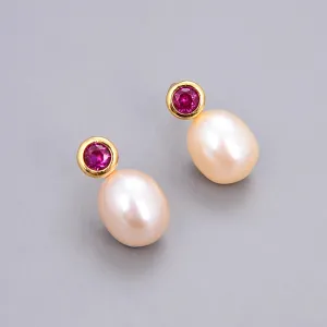 Natural freshwater Pearl Pink CZ Drop Earrings