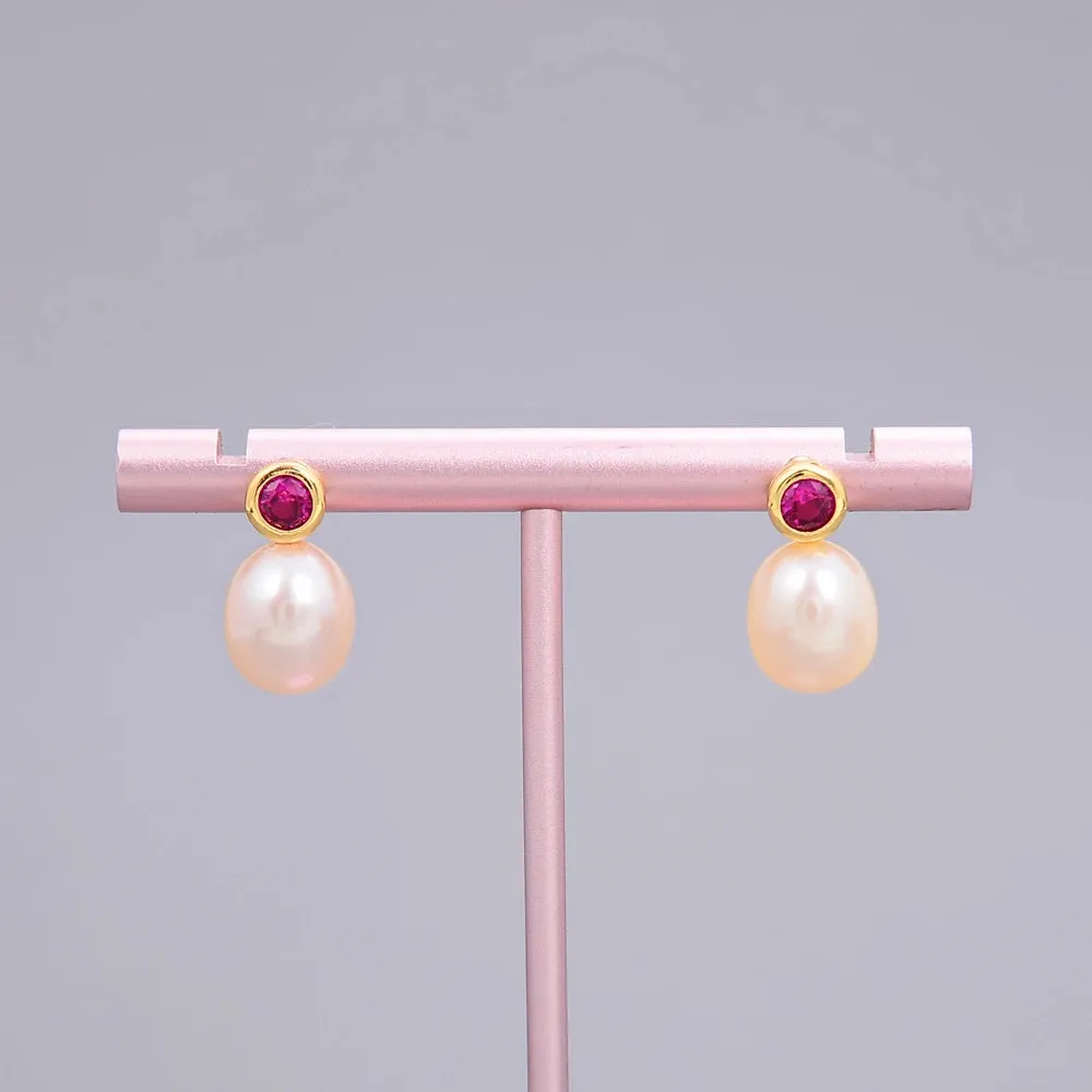 Natural freshwater Pearl Pink CZ Drop Earrings