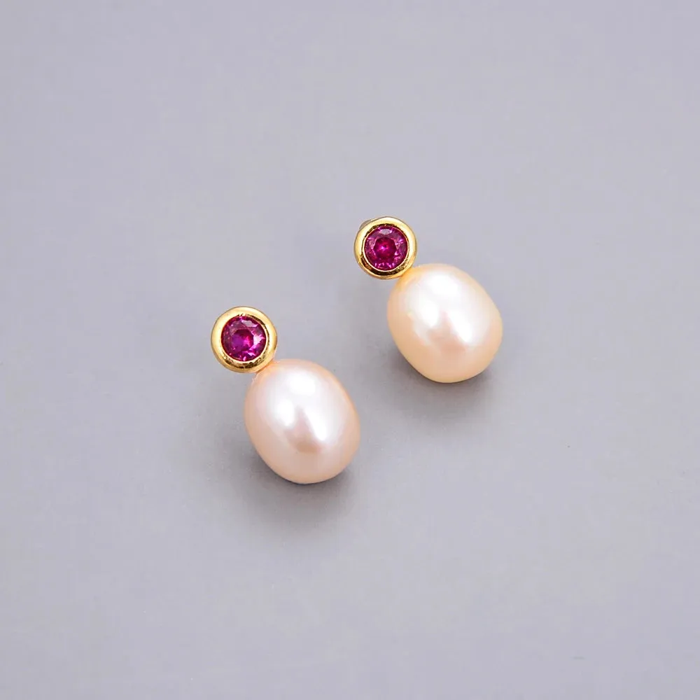 Natural freshwater Pearl Pink CZ Drop Earrings